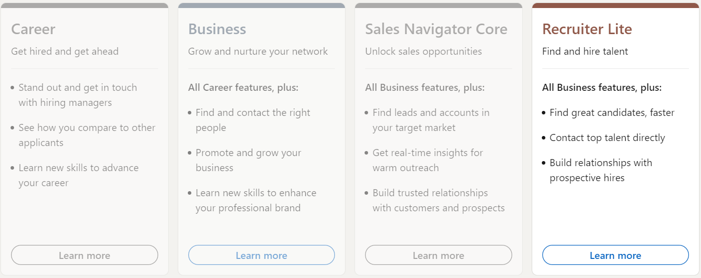 4 blocks showing the different LinkedIn Premium features, Recruiter Lite is selected